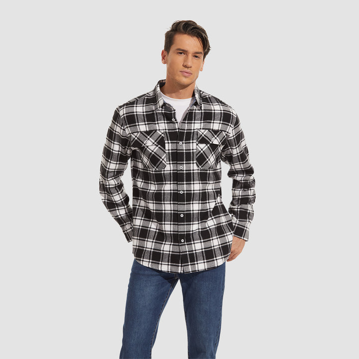 Men's Cotton Flannel Shirts Long Sleeve Casual Button Down Plaid Fleece Shirts 2 Pockets