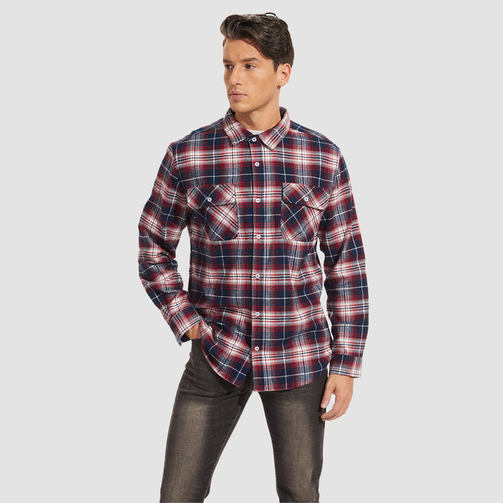 Men's Cotton Flannel Shirts Long Sleeve Casual Button Down Plaid Fleece Shirts 2 Pockets