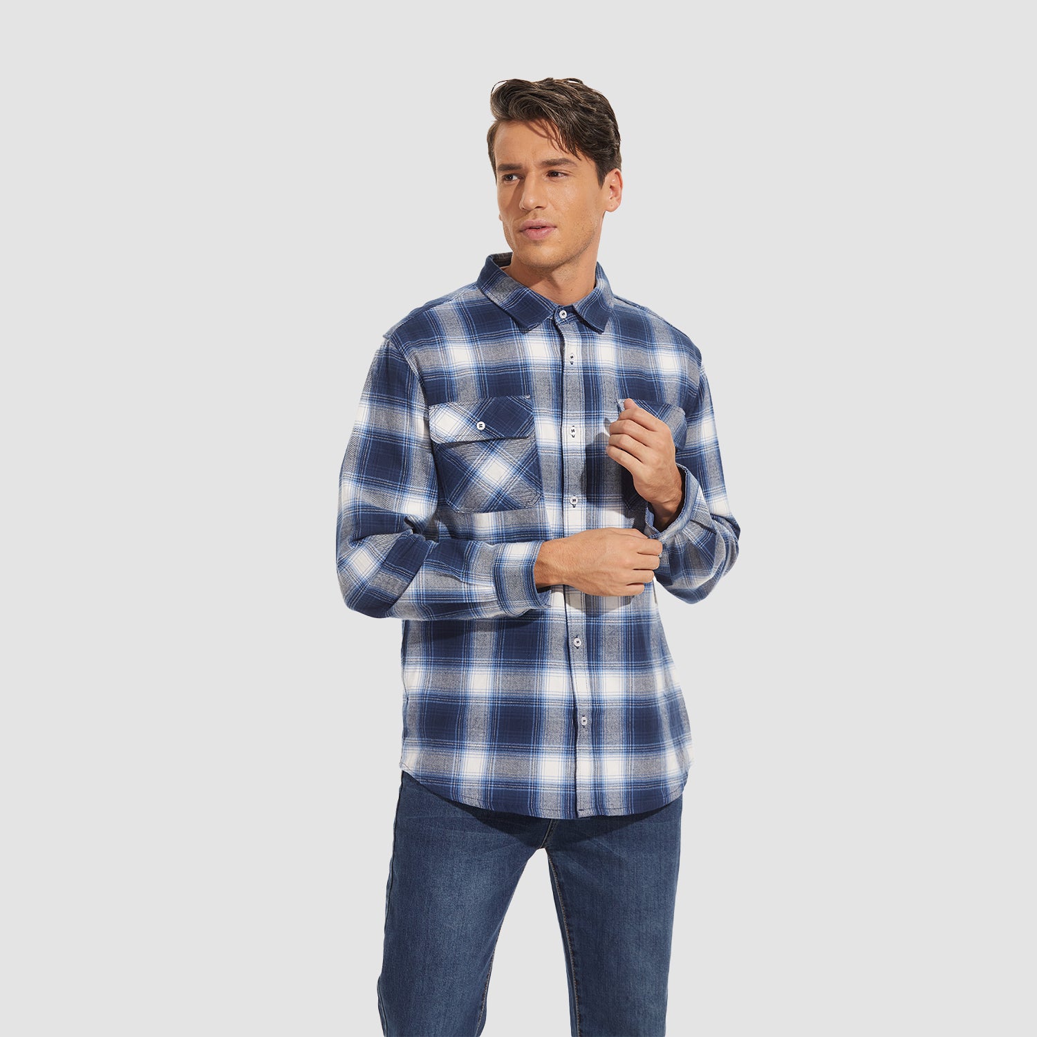 Mens Casual Long Sleeve Flannel Plaid Shirt Regular Fit Button Down with  Two Pockets