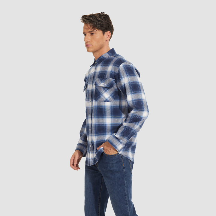 Men's Cotton Flannel Shirts Long Sleeve Casual Button Down Plaid Fleece Shirts 2 Pockets