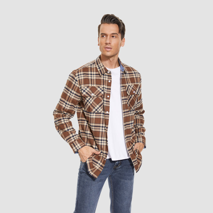 Men's Cotton Flannel Shirts Long Sleeve Casual Button Down Plaid Fleece Shirts 2 Pockets