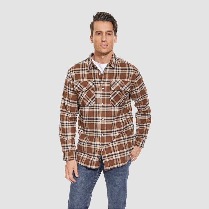 Men's Cotton Flannel Shirts Long Sleeve Casual Button Down Plaid Fleece Shirts 2 Pockets