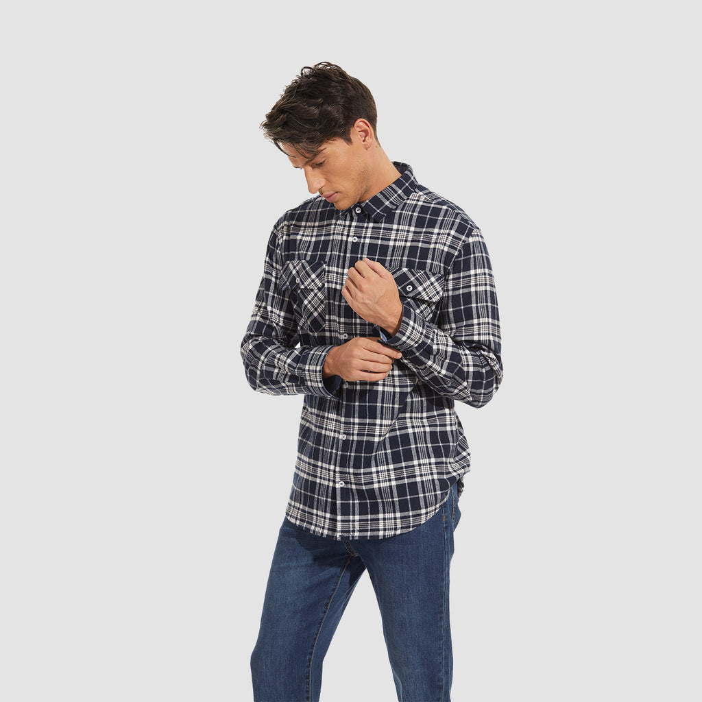 Men's Cotton Flannel Shirts Long Sleeve Casual Button Down Plaid Fleece Shirts 2 Pockets