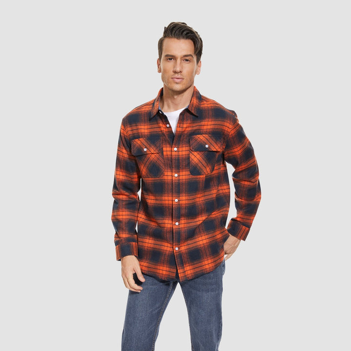 Men's Cotton Flannel Shirts Long Sleeve Casual Button Down Plaid Fleece Shirts 2 Pockets