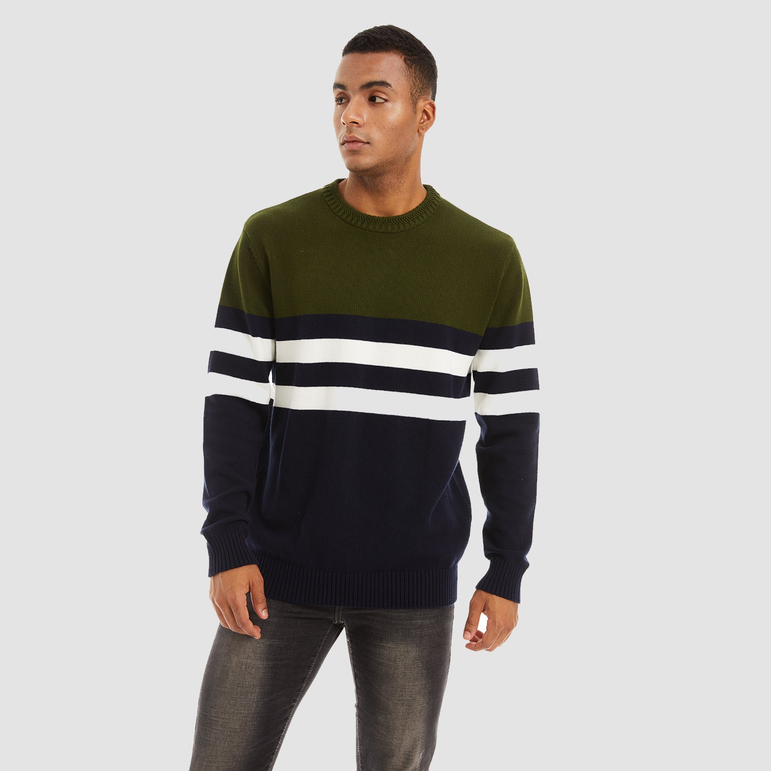 Men's Crewneck Sweater Soft Thermal Knitted Sweatshirt Color Block Striped