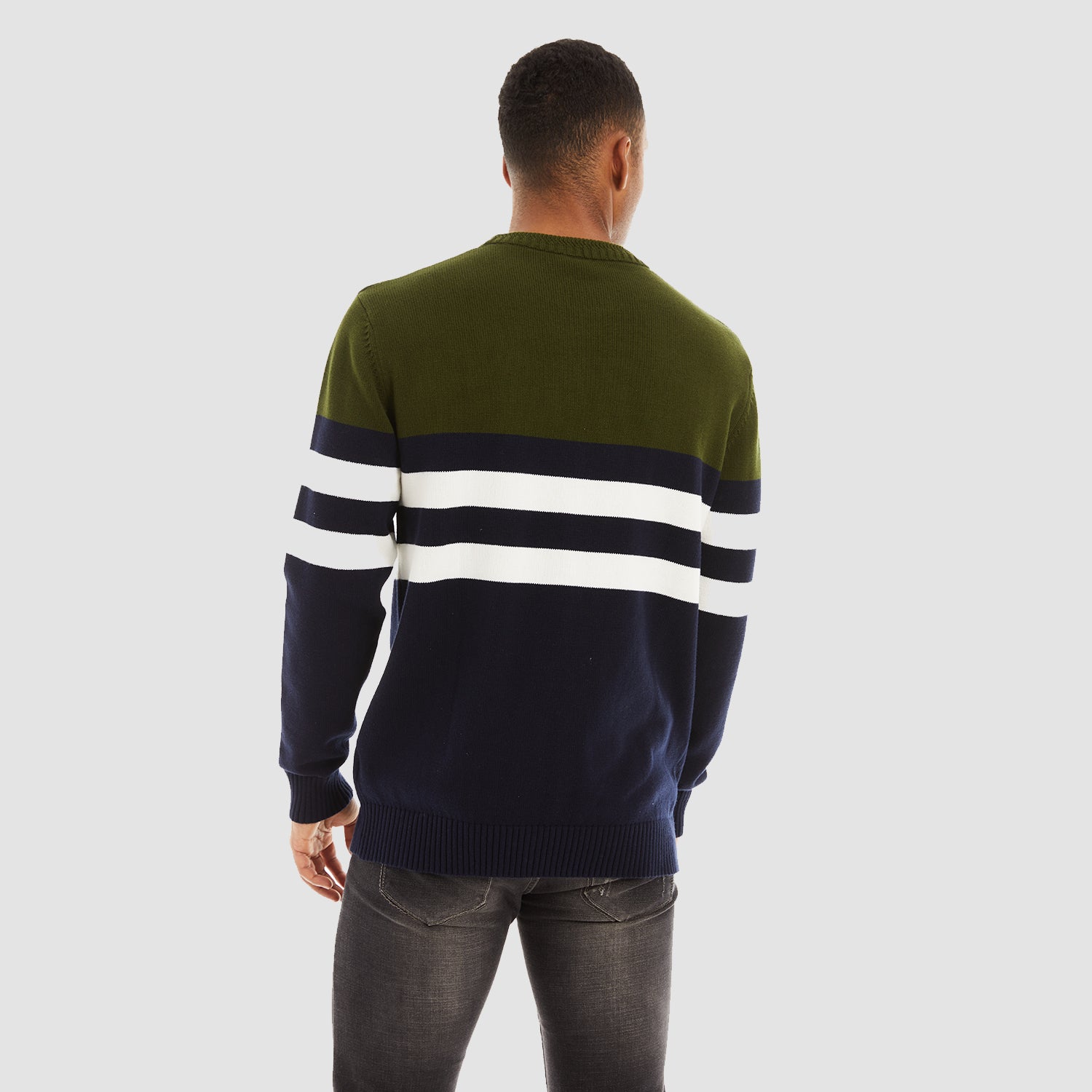 Men's Crewneck Sweater Soft Thermal Knitted Sweatshirt Color Block Striped