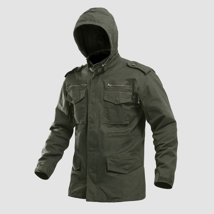 Men's Field Jacket Cotton Military Classic Vintage Concealed Hooded Coat