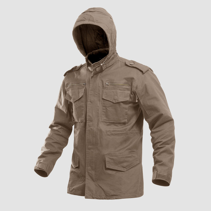 Men's Field Jacket Cotton Military Classic Vintage Concealed Hooded Coat