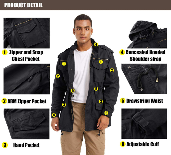 Men's Field Jacket Cotton Military Classic Vintage Concealed Hooded Coat