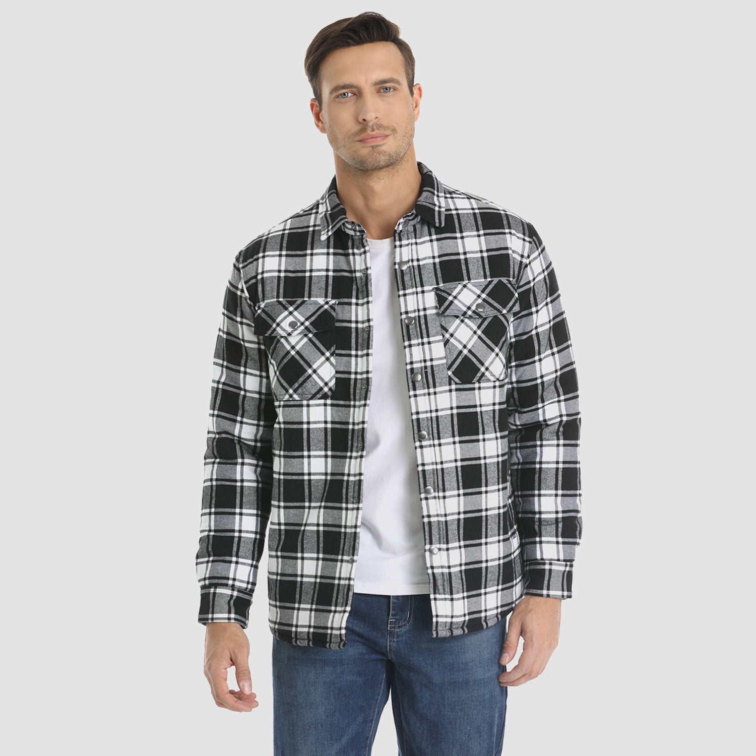 Men's Flannel Shirt Jacket, Long Sleeve Quilted Lined Plaid Coat