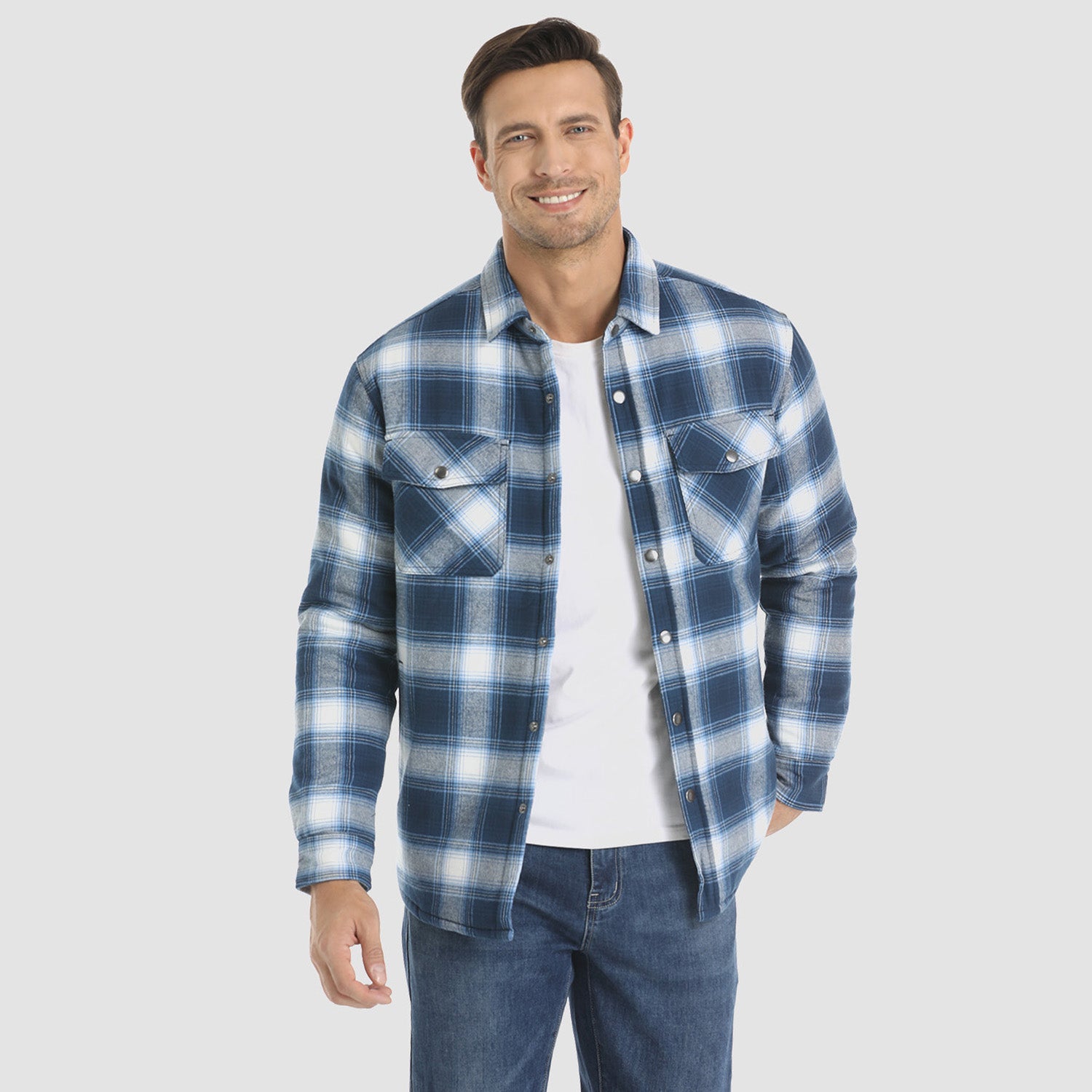 Men's Flannel Shirt Jacket Long Sleeve Quilted Lined Plaid Coat