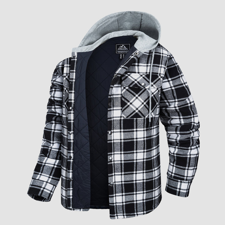 Men's Flannel Shirt Jacket with Hood Long Sleeve Quilted Lined Plaid Coat Button Down Thick Hoodie Outwear Winter