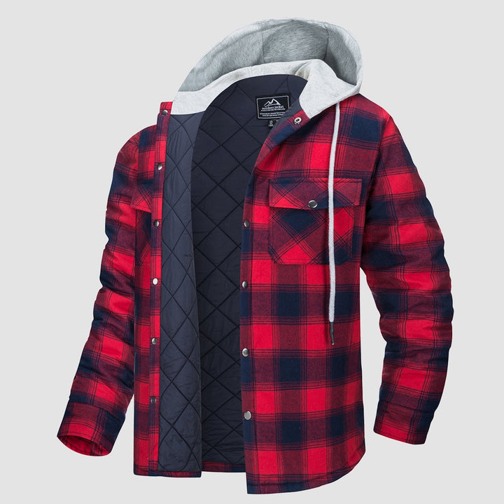 Men's Flannel Shirt Jacket with Hood Long Sleeve Quilted Lined Plaid Coat Button Down Thick Hoodie Outwear Winter