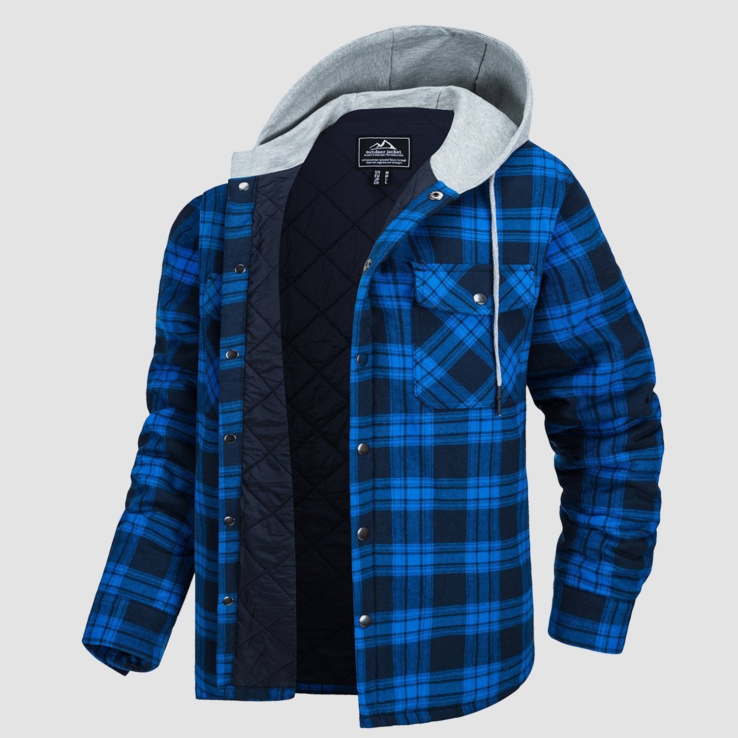 Men's Flannel Shirt Jacket with Hood Long Sleeve Quilted Lined Plaid Coat Button Down Thick Hoodie Outwear Winter