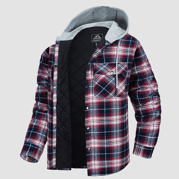 Men's Flannel Shirt Jacket with Hood Long Sleeve Quilted Lined Plaid Coat Button Down Thick Hoodie Outwear Winter