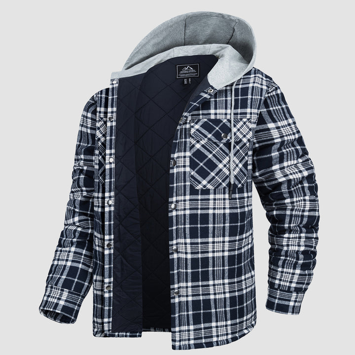 Men's Flannel Shirt Jacket with Hood Long Sleeve Quilted Lined Plaid Coat Button Down Thick Hoodie Outwear Winter