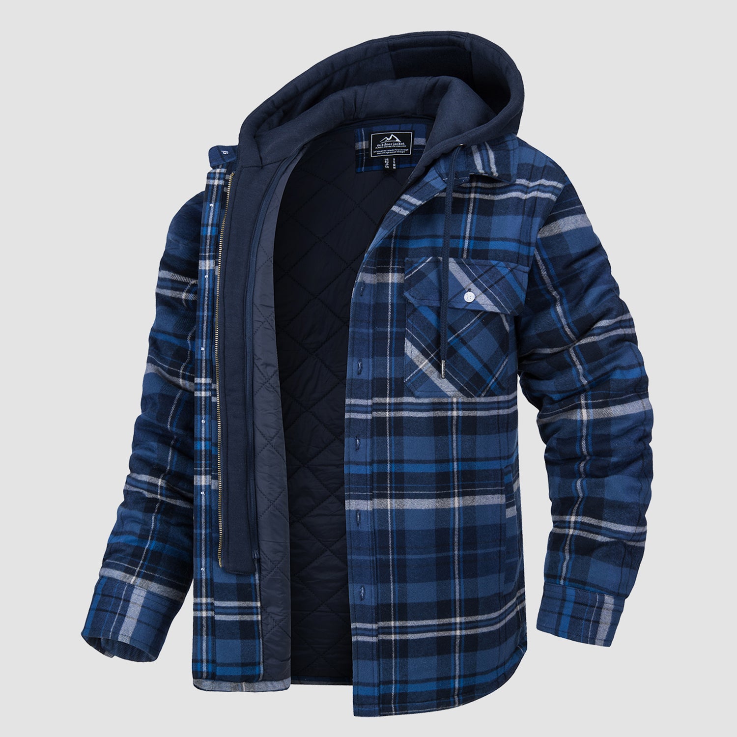 Men's Plaid Quilted Lined Shirt Jacket with Removable Hood