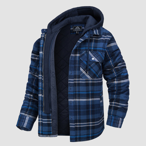 Men's Flannel Shirt Jacket with Removable Hood 5 Pockets Plaid Quilted Lined Winter Coats Thick Hoodie Outwear