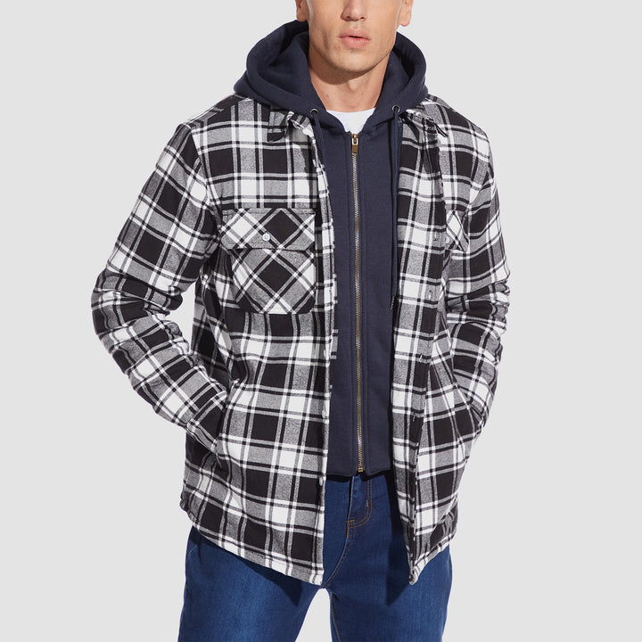 Men's Flannel Shirt Jacket with Removable Hood 5 Pockets Plaid Quilted Lined Winter Coats Thick Hoodie Outwear