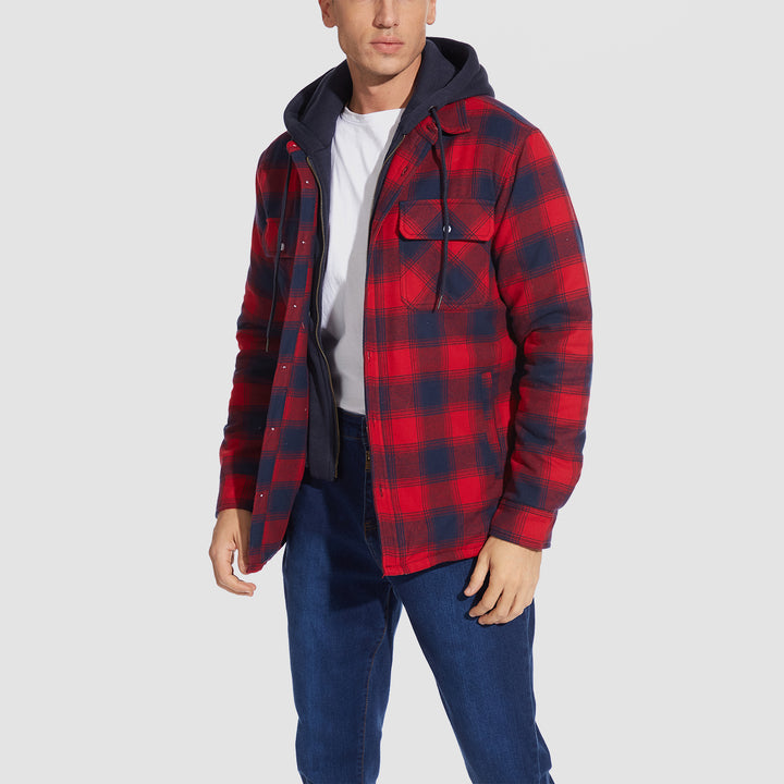 Men's Flannel Shirt Jacket with Removable Hood 5 Pockets Plaid Quilted Lined Winter Coats Thick Hoodie Outwear