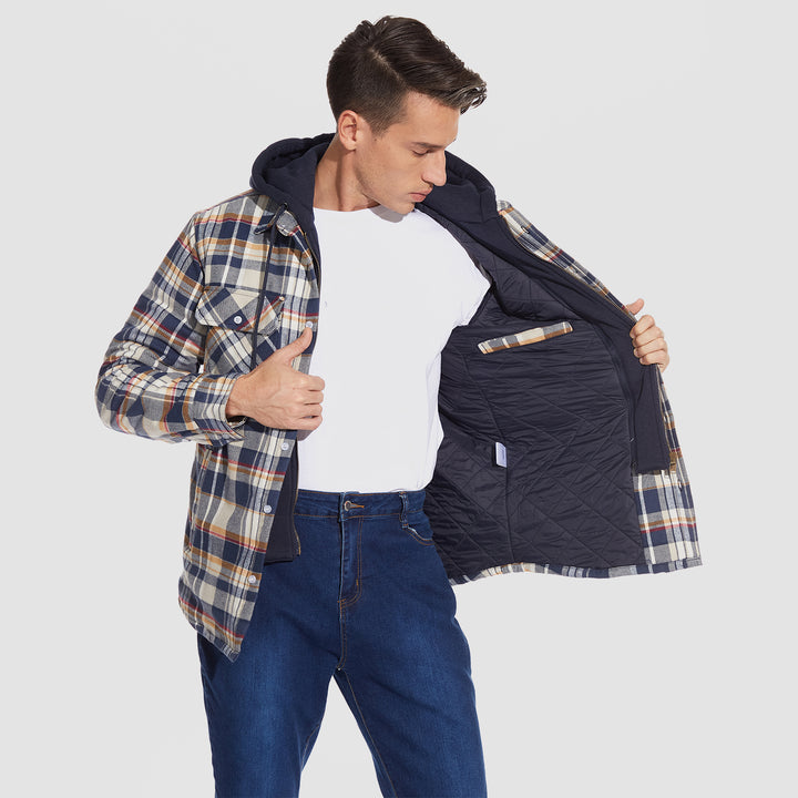 Men's Flannel Shirt Jacket with Removable Hood 5 Pockets Plaid Quilted Lined Winter Coats Thick Hoodie Outwear