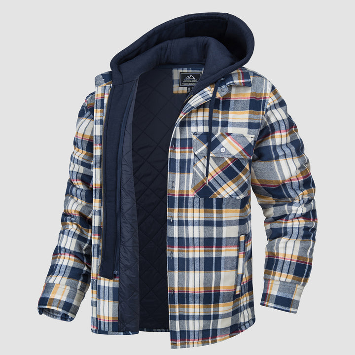 Men's Flannel Shirt Jacket with Removable Hood 5 Pockets Plaid Quilted Lined Winter Coats Thick Hoodie Outwear