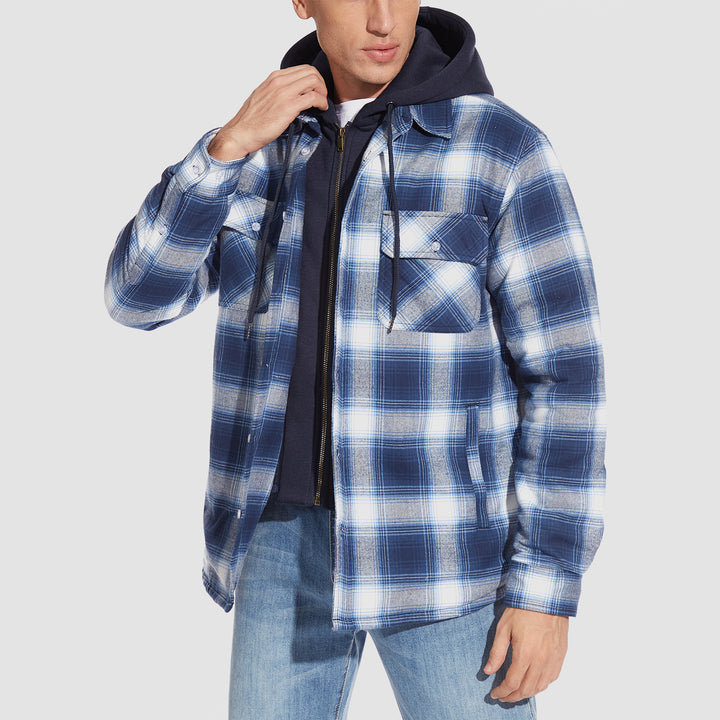 Men's Flannel Shirt Jacket with Removable Hood 5 Pockets Plaid Quilted Lined Winter Coats Thick Hoodie Outwear