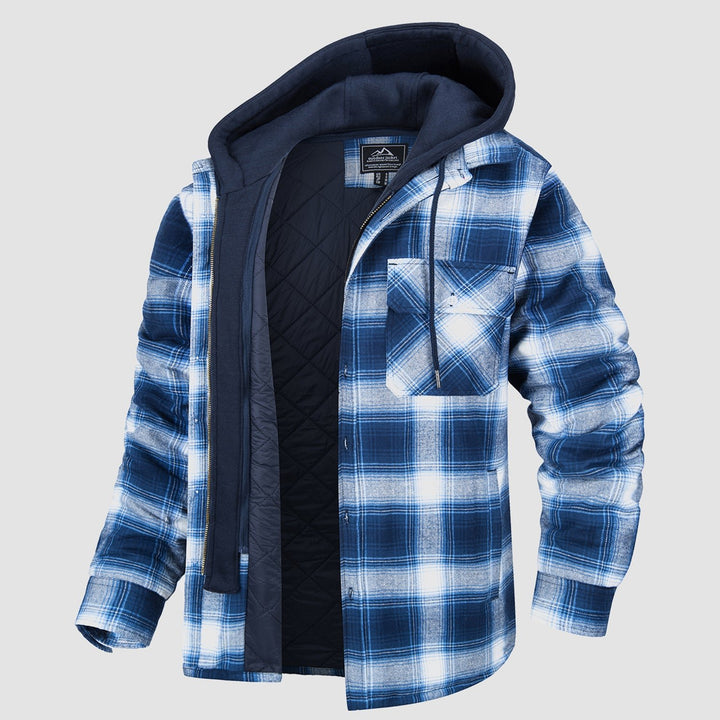 Men's Flannel Shirt Jacket with Removable Hood 5 Pockets Plaid Quilted Lined Winter Coats Thick Hoodie Outwear