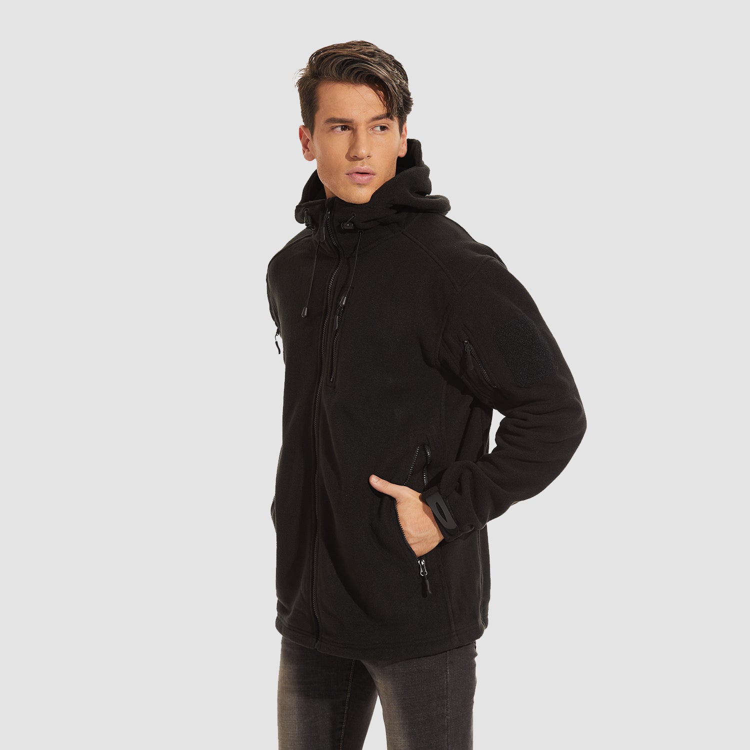 Men's Fleece Hoodie Jacket 5 Zip-Pockets Military Tactical Coat Windproof Winter Full Zip Hiking Work Outwear