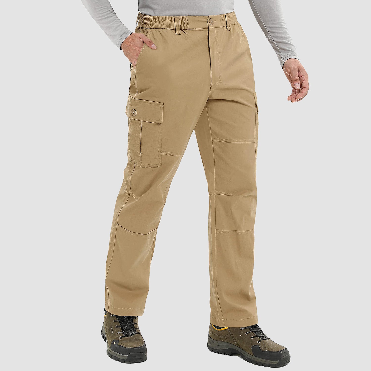 Men's Outdoor Cargo Pants Straight Fit with 6 Pockets Elastic Waist Fishing Travel Work Pants