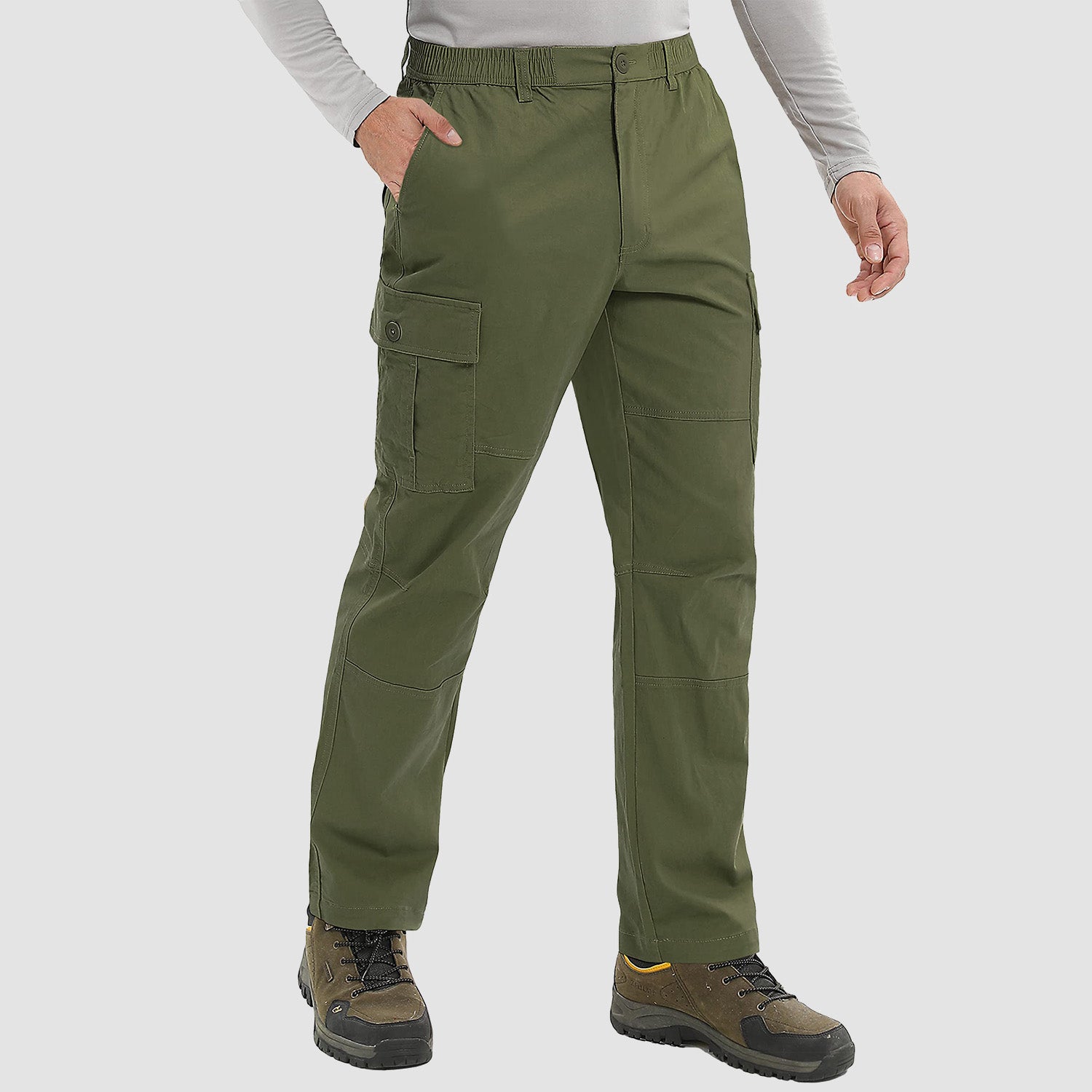 Men's Outdoor Cargo Pants Straight Fit with 6 Pockets Elastic Waist Fishing Travel Work Pants