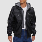 Men's PU Faux Leather Jacket Bomber Jacket with Removable Hood Motorcycle Jacket