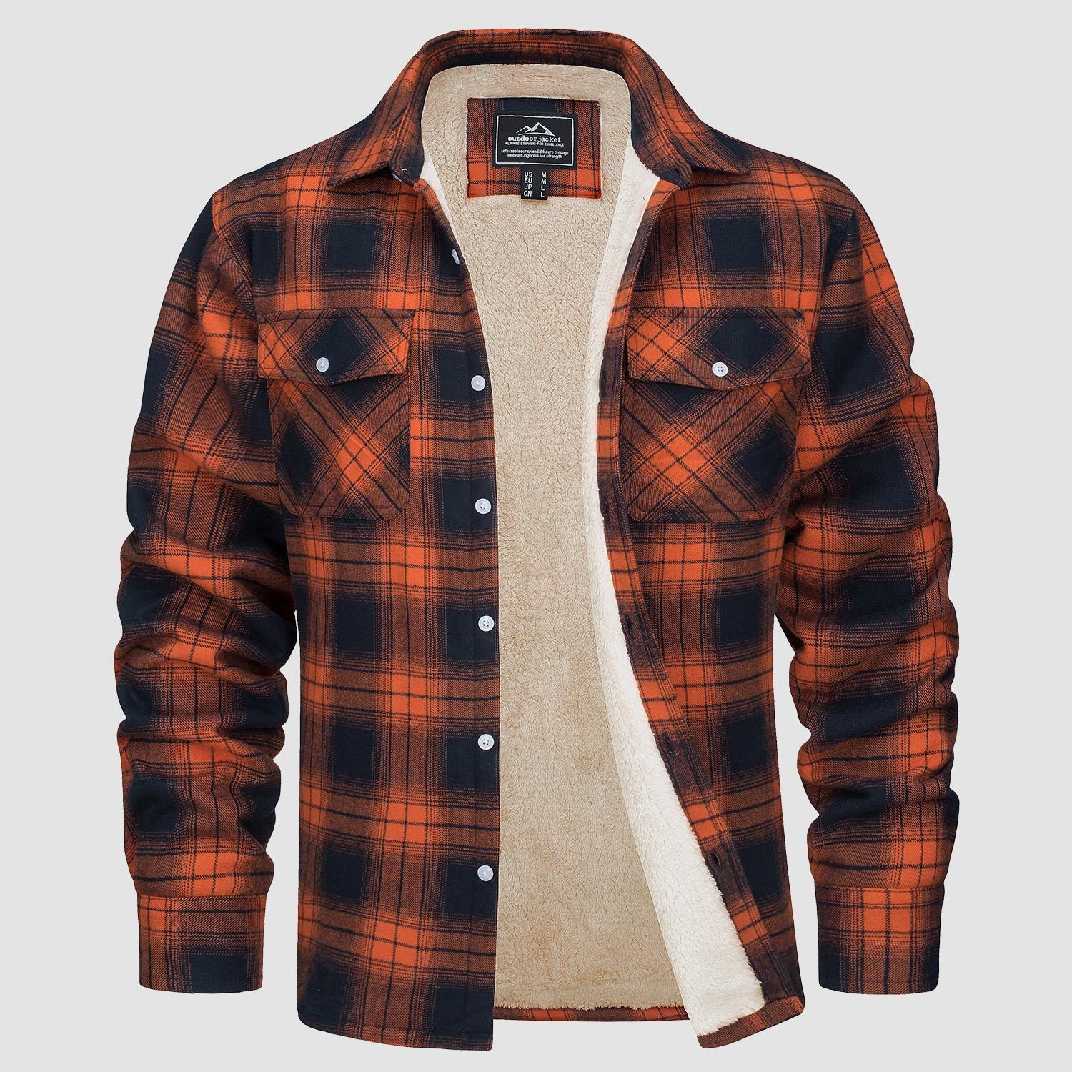 Men's Sherpa Fleece Lined Shirt Casual Plaid Shirt Jacket, Orange / XL