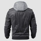 Men's Stand Collar PU Faux Leather Jacket 6 Pockets Motorcycle Bomber Fall Winter Jacket with a Removable Hood