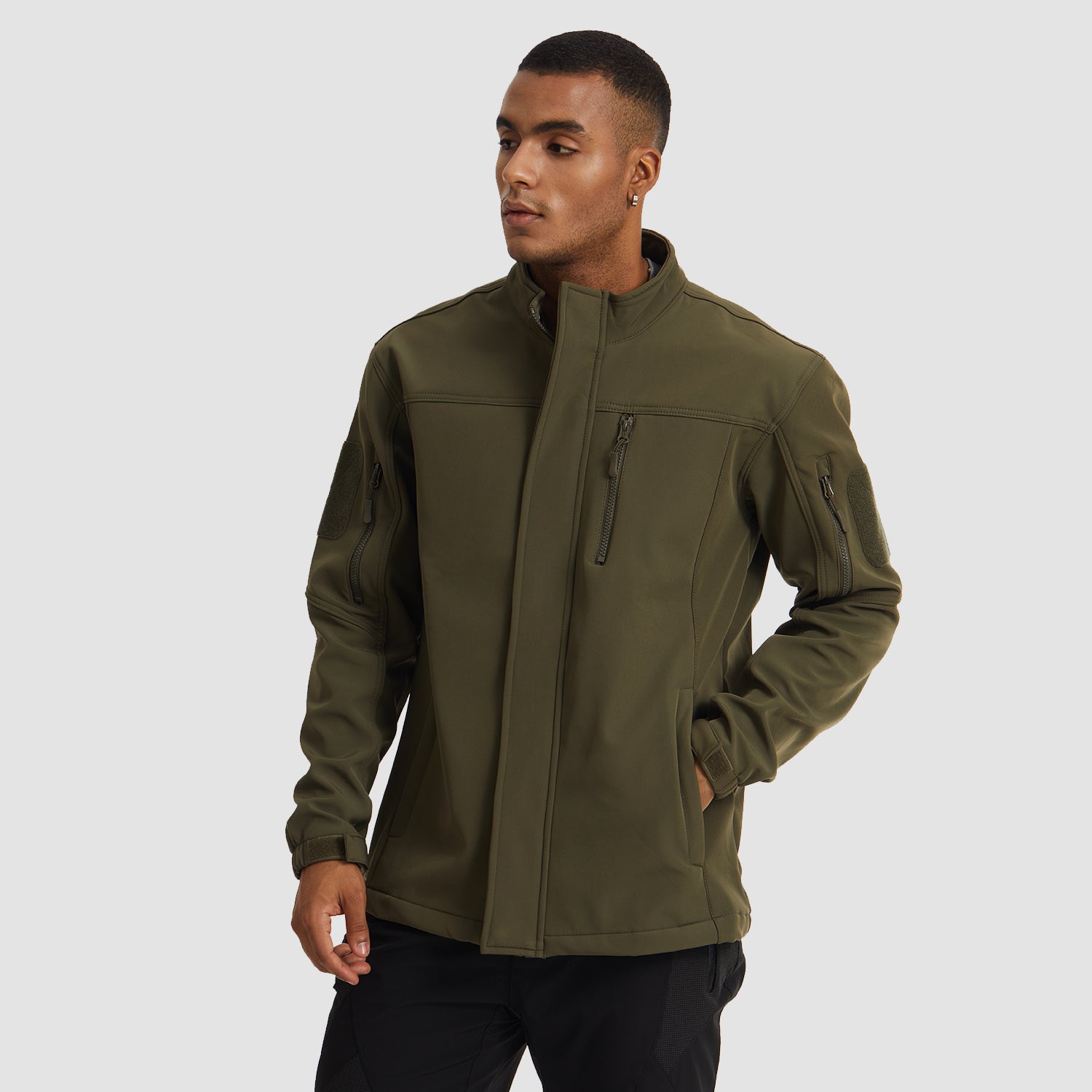 Men's Softshell Tactical Jacket Water-Resistant Fleece Lining Jacket for Outdoors, Khaki / XL