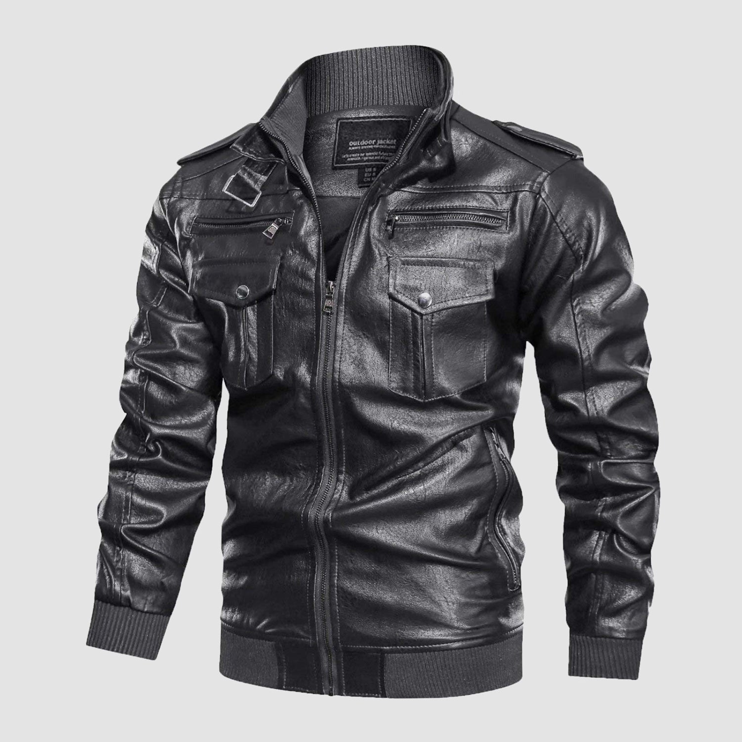 Men's Vintage Pu Faux Leather Jacket with 6 Pockets Stand Collar