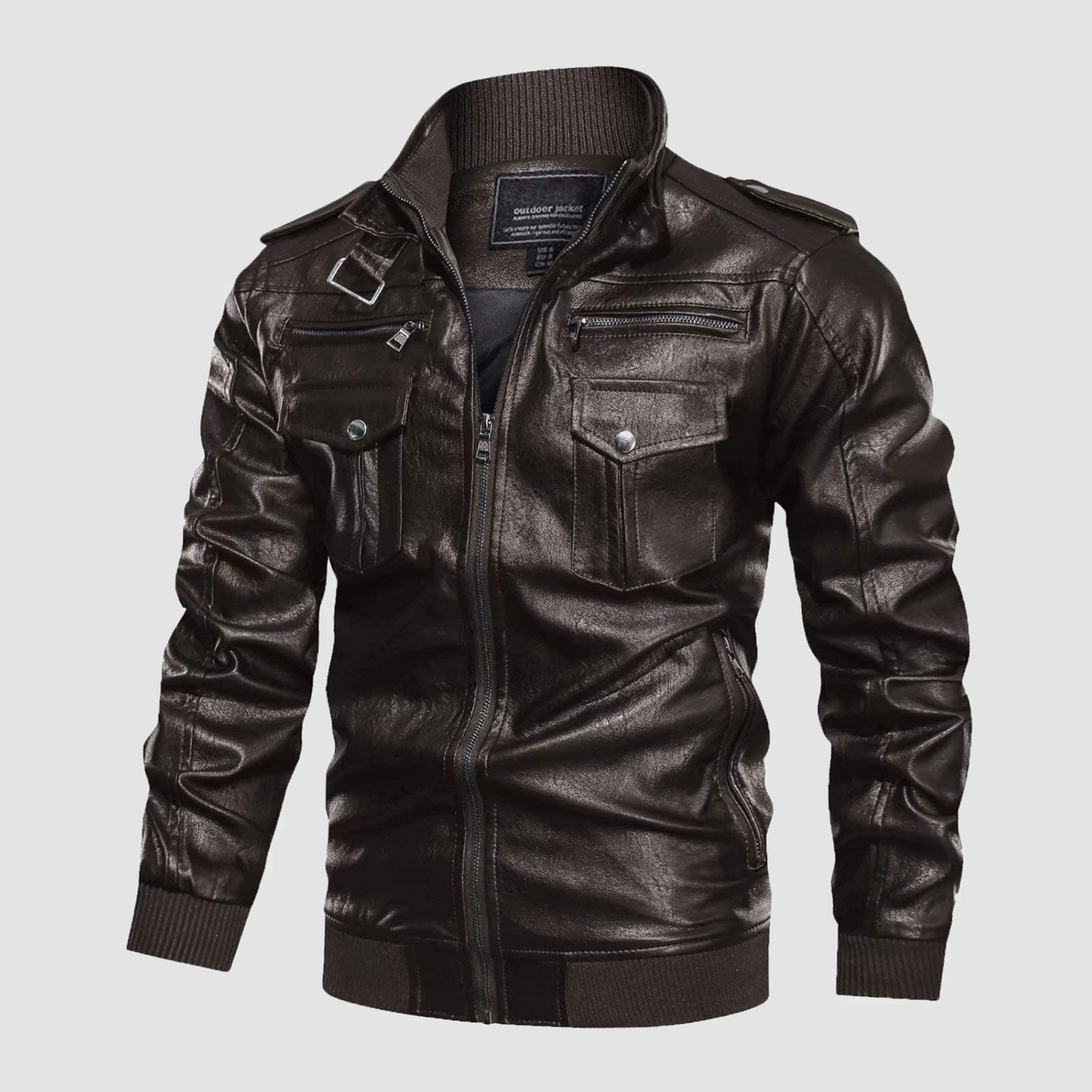Men's Vintage Pu Faux Leather Jacket with 6 Pockets Stand Collar Motor ...