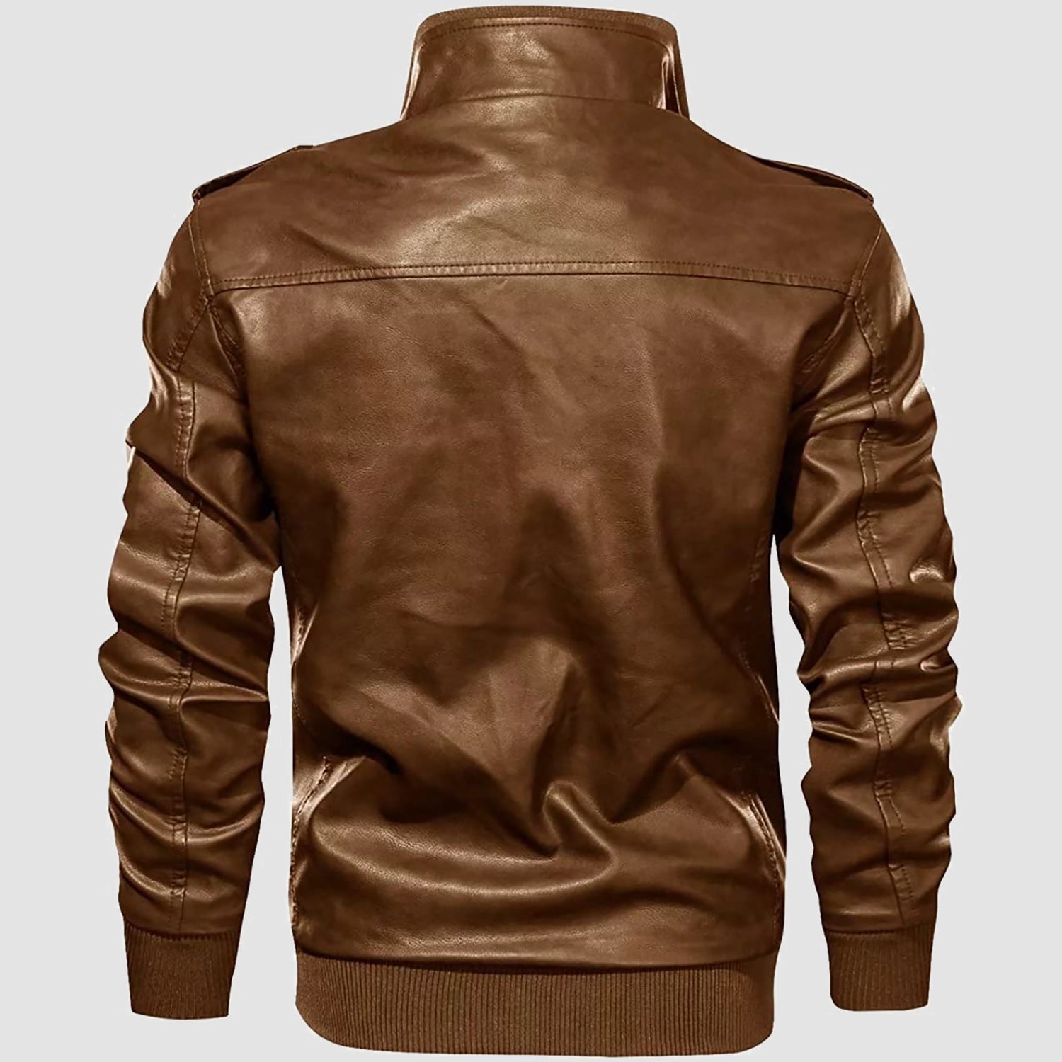 Men's Vintage Pu Faux Leather Jacket with 6 Pockets Stand Collar