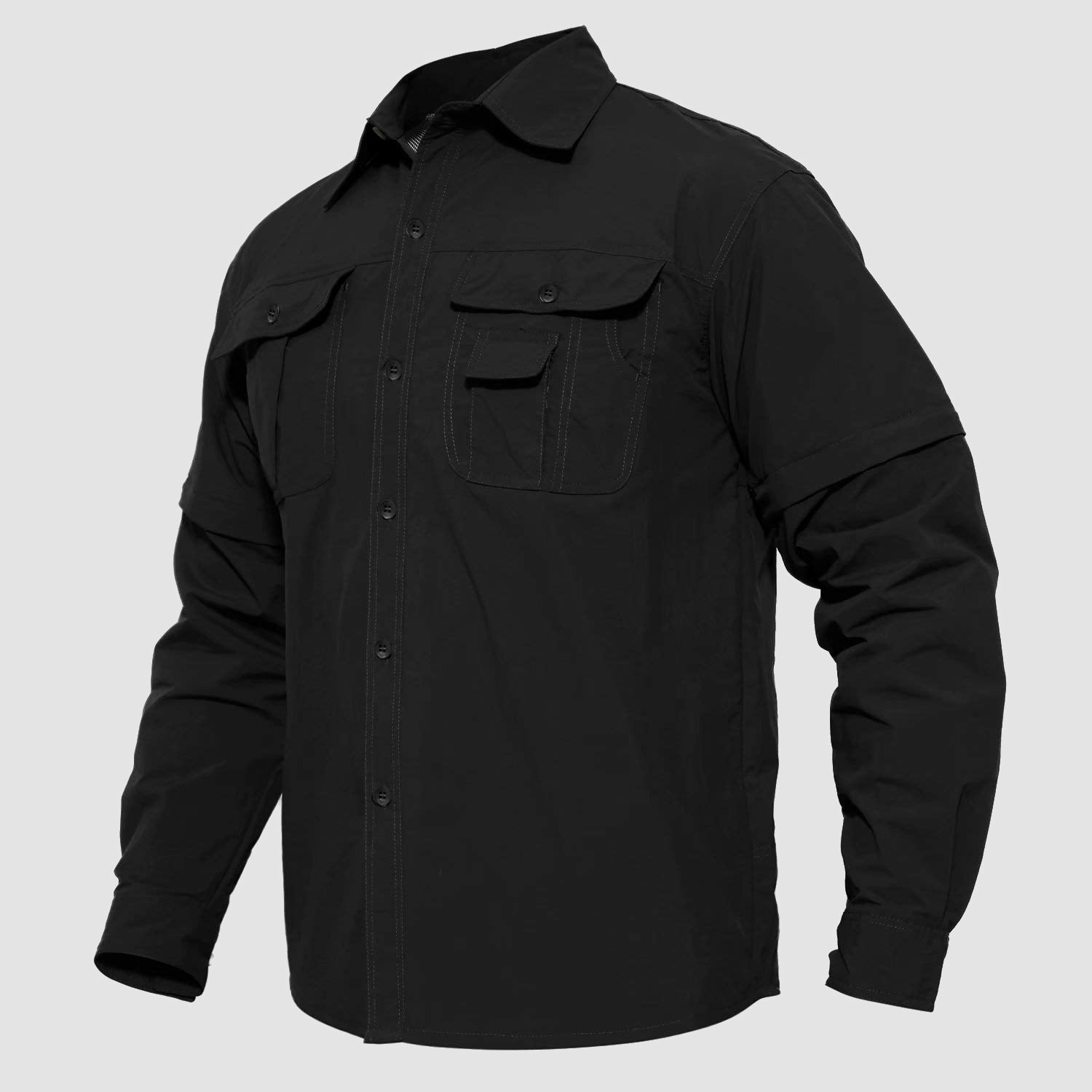 Mens Fishing Hiking Shirts with Detachable Sleeves Long/Short Sleeve Quick Dry, Black / 2XL