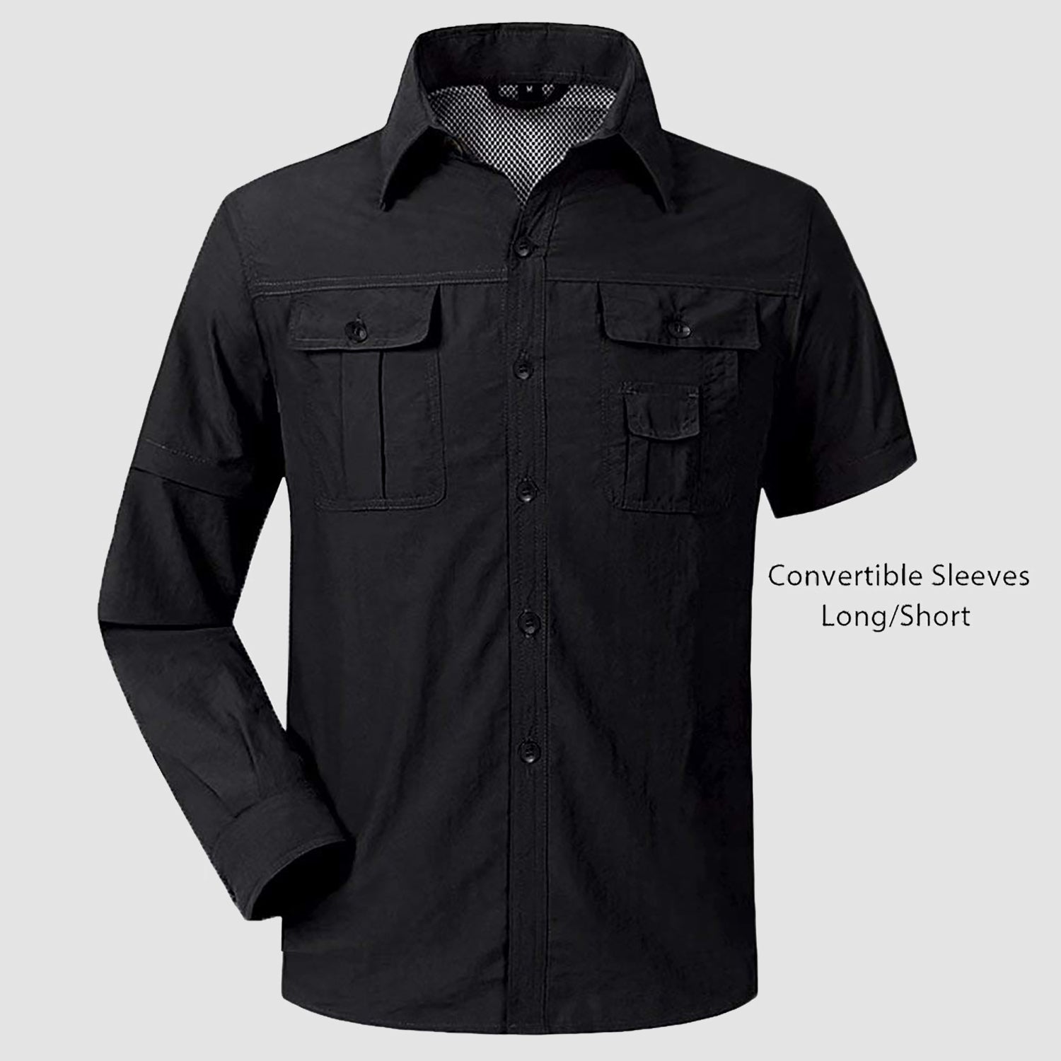 Mens Fishing Hiking Shirts with Detachable Sleeves Long/Short Sleeve Quick Dry, Black / XL