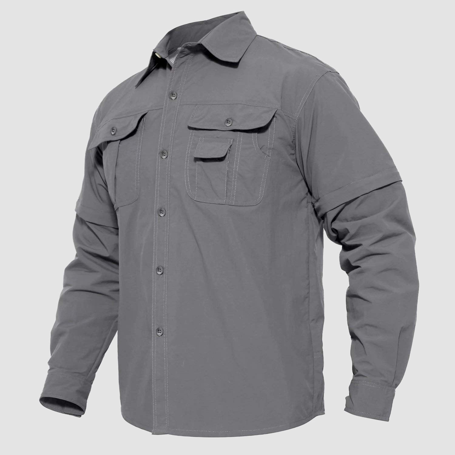 Mens Fishing Hiking Shirts with Detachable Sleeves Long/Short Sleeve Quick Dry, Light Grey / L