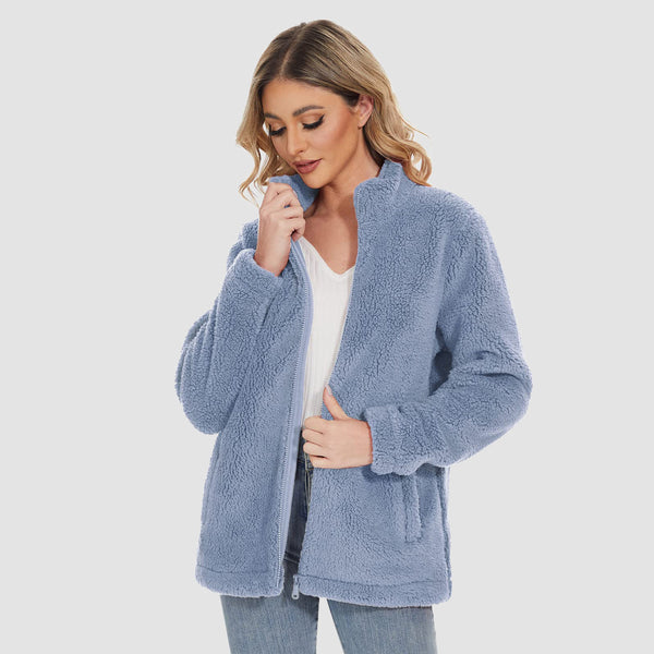 Women's Sherpa Jacket Full-Zip Fuzzy Fleece Teddy Casual Coats Zip Pockets Winter Warm Soft Jackets