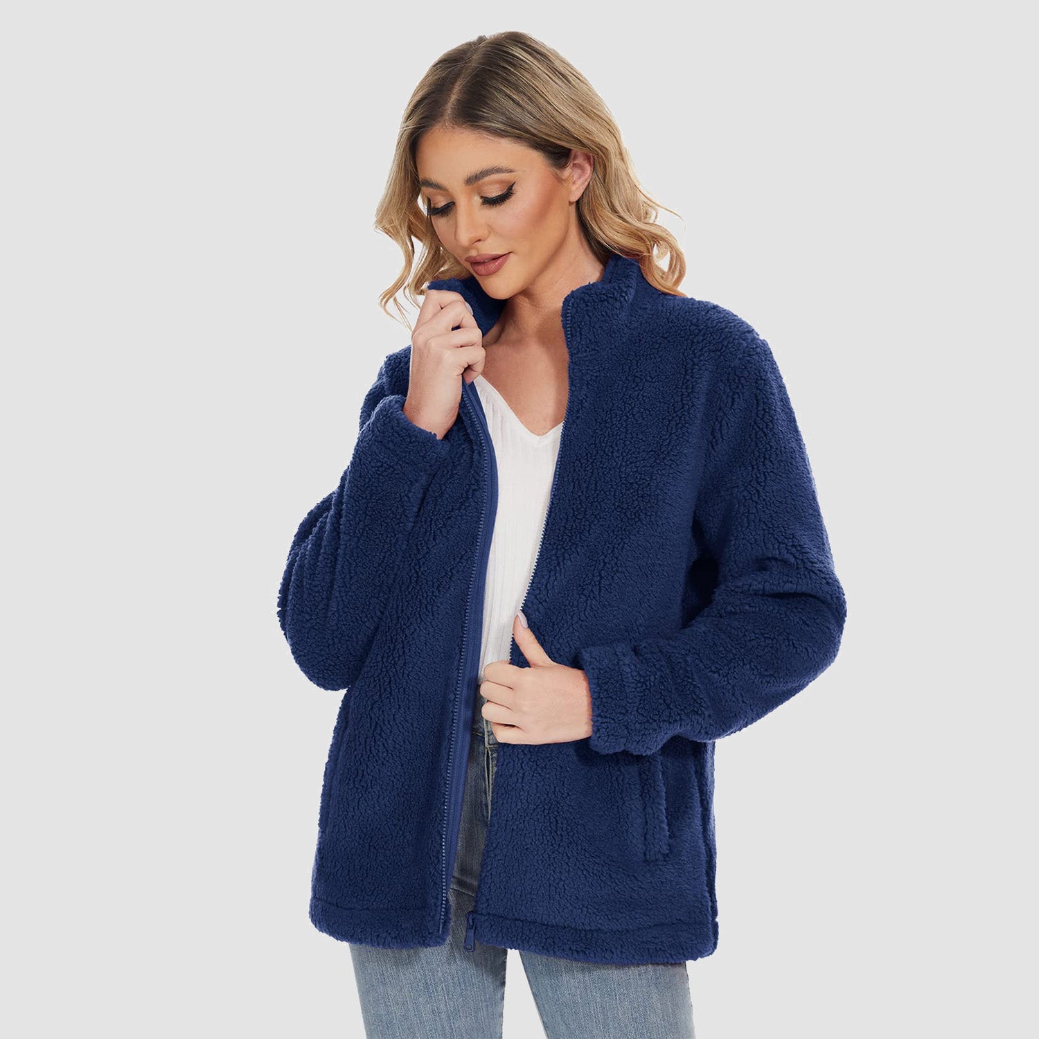 Women's Sherpa Jacket Full-Zip Fuzzy Fleece Teddy Casual Coats Zip Pockets Winter Warm Soft Jackets