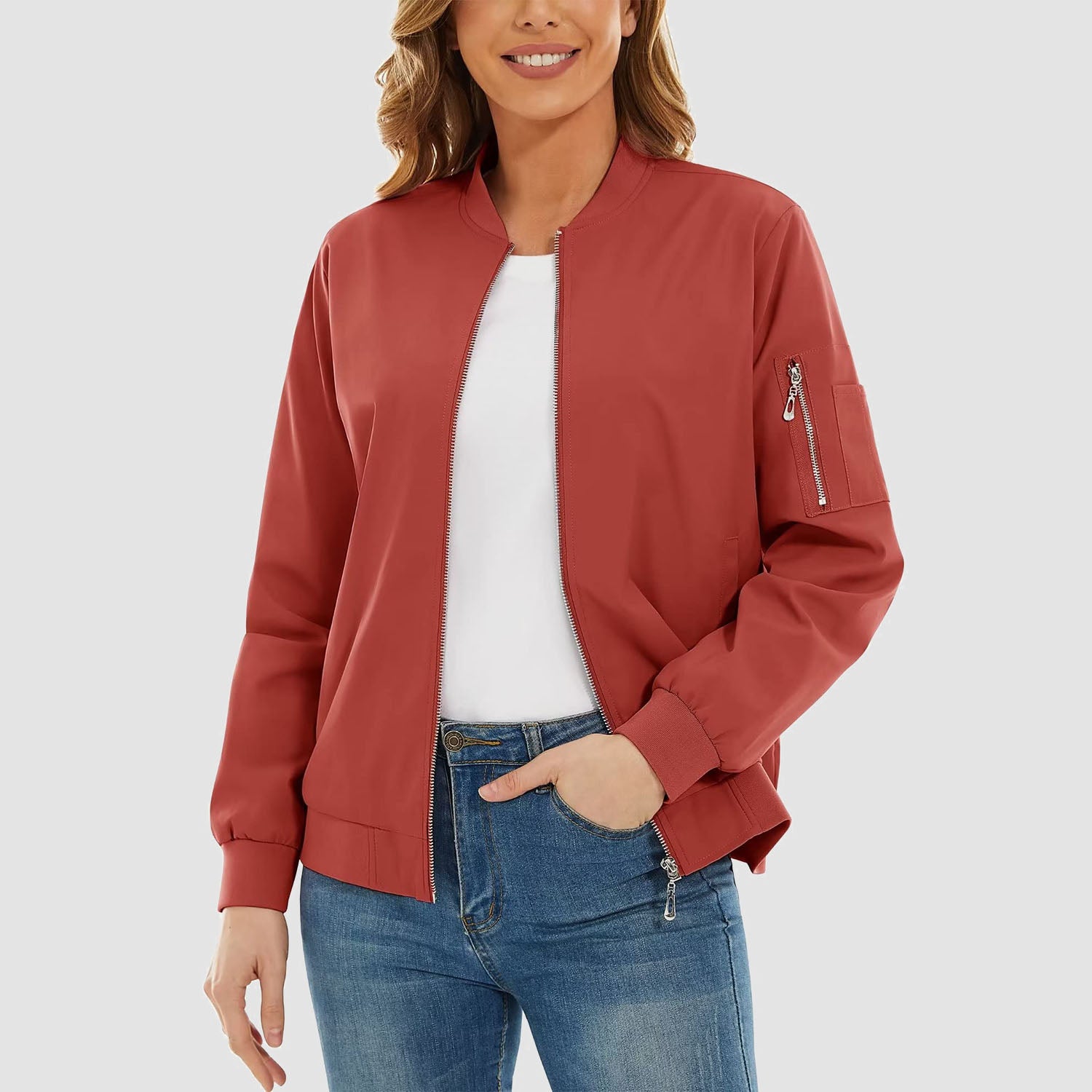 Women's Bomber Jackets Casual Jacket with 3 Pockets Spring Windbrealer Coat Fashion Outwear