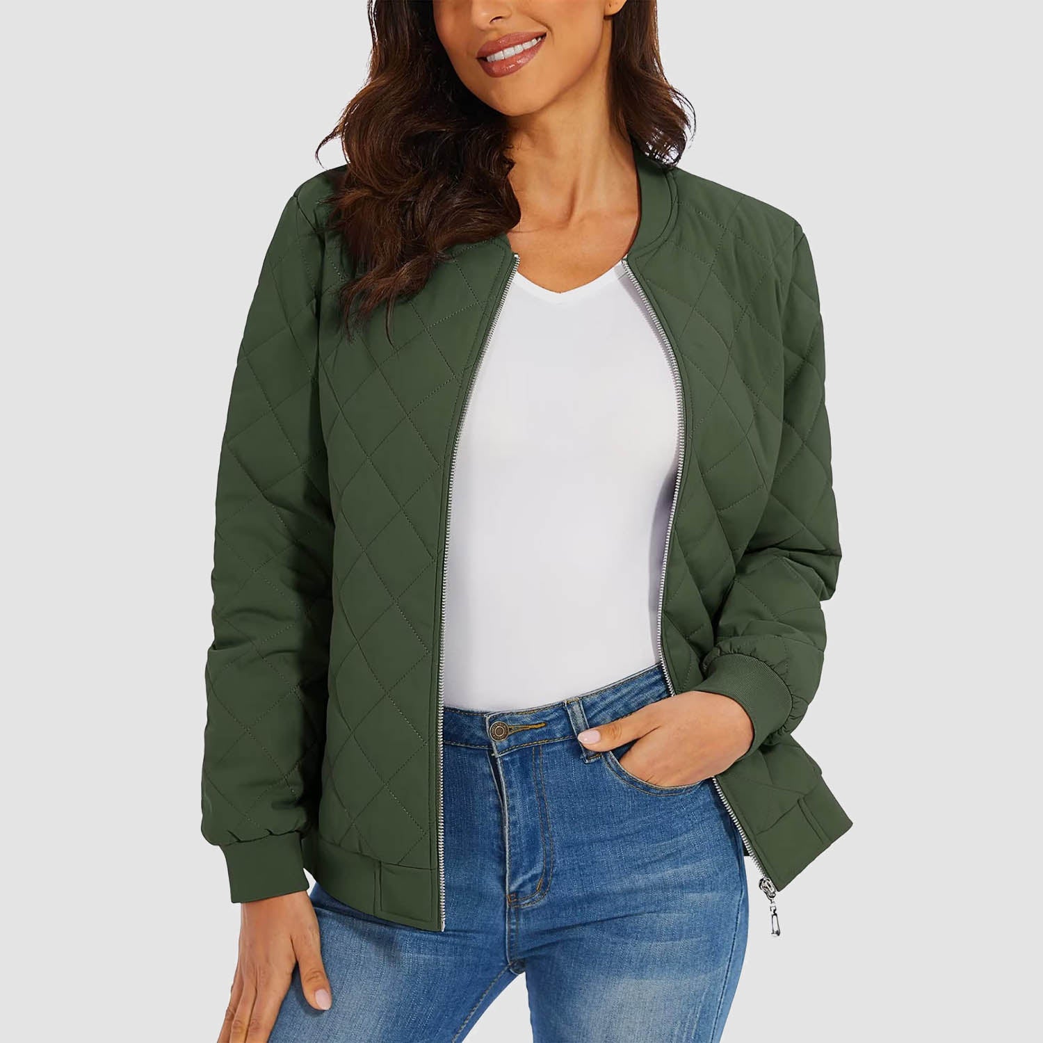 Women's Quilted Jackets Bomber Jacket with 2 Zip Pockets Puffer Casual Winter Jacket