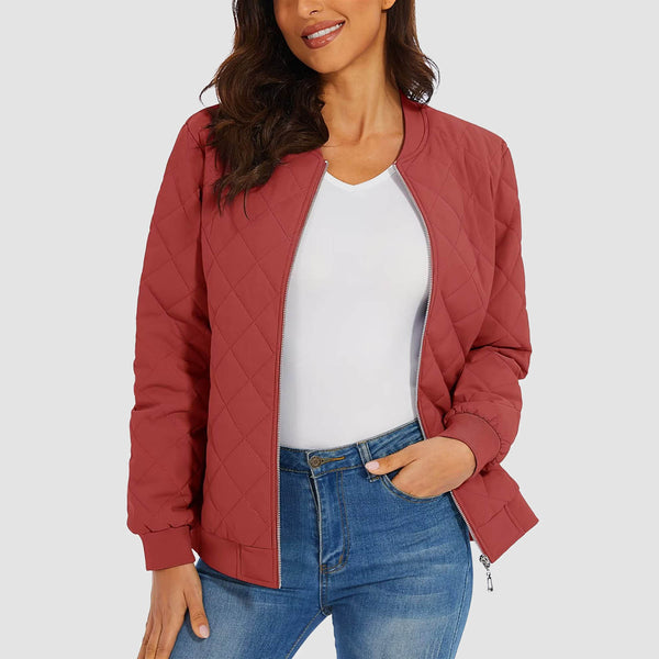 Women's Quilted Jackets Bomber Jacket with 2 Zip Pockets Puffer Casual Winter Jacket