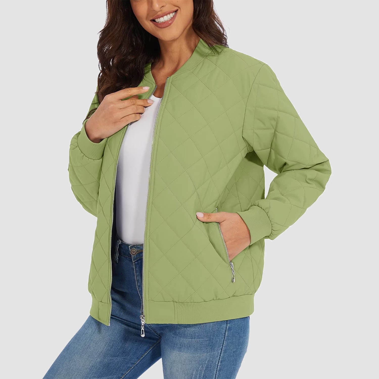 Women's Quilted Jackets Bomber Jacket with 2 Zip Pockets Puffer 