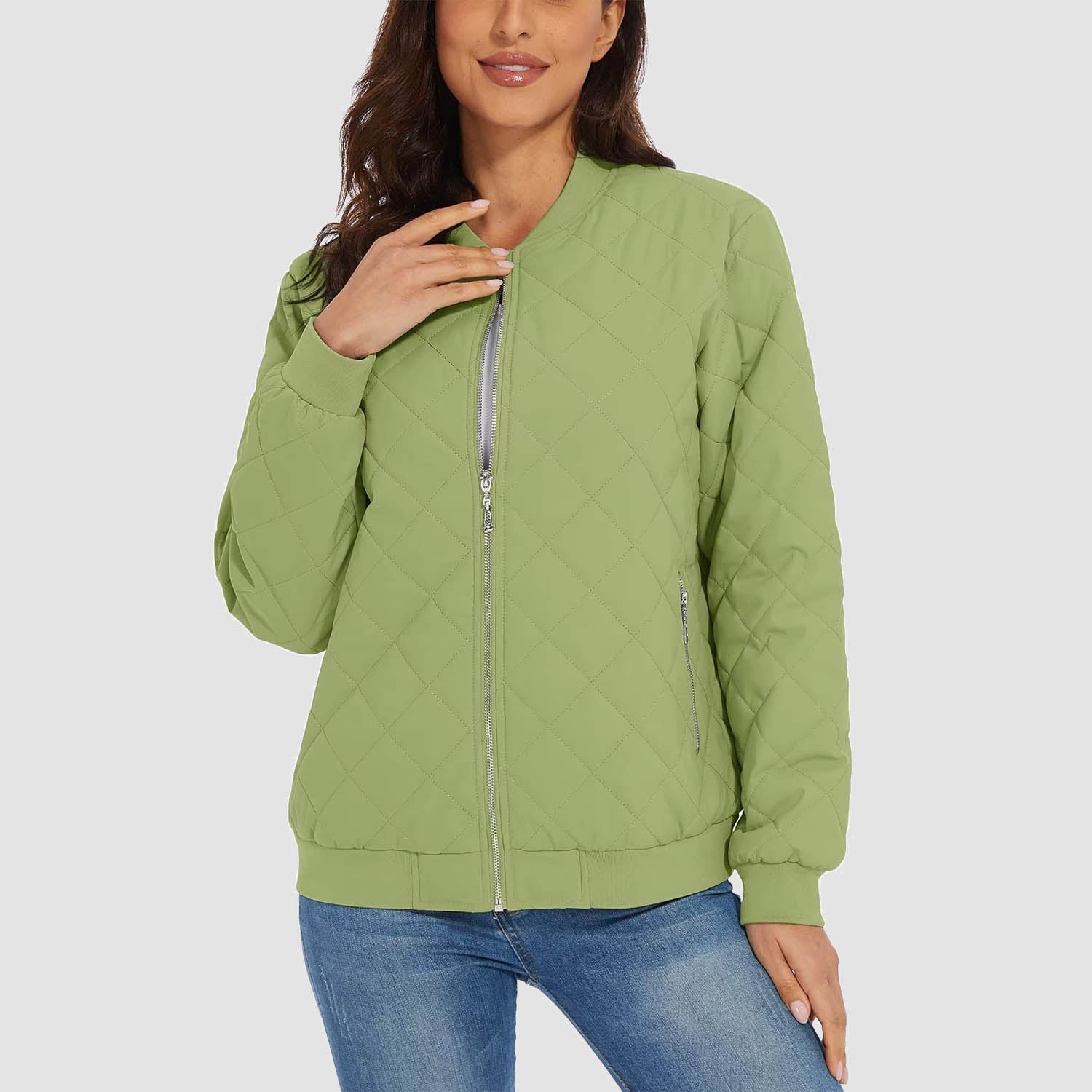 Women's Quilted Jackets Bomber Jacket with 2 Zip Pockets Puffer 