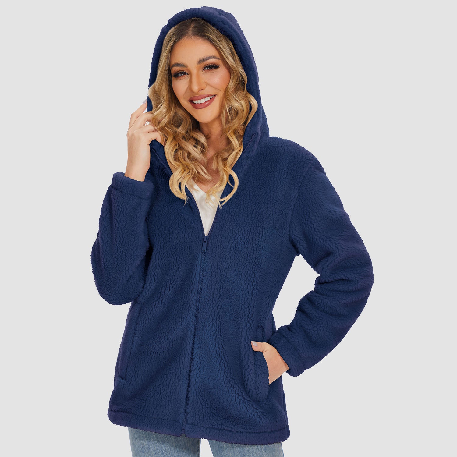 Women's Sherpa Jacket with Hood Full Zip With Pockets Casual Winter Warm Soft Fleece Coat