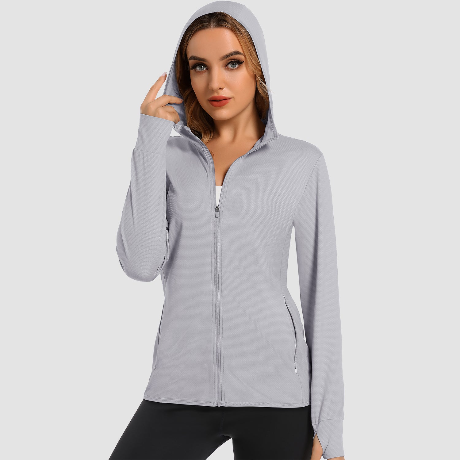 Women's UV Sun Protection Coat Shirts Long Sleeve Quick Dry Workout Hiking Athletic Jacket, Light Grey / XL